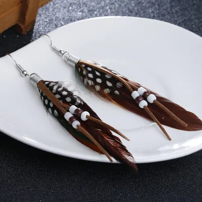 Women's Boho Beaded Tassel Teardrop Feather Earrings Drop Earrings Copper Needle