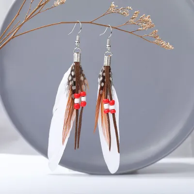 Women's Boho Beaded Tassel Teardrop Feather Earrings Drop Earrings Copper Needle