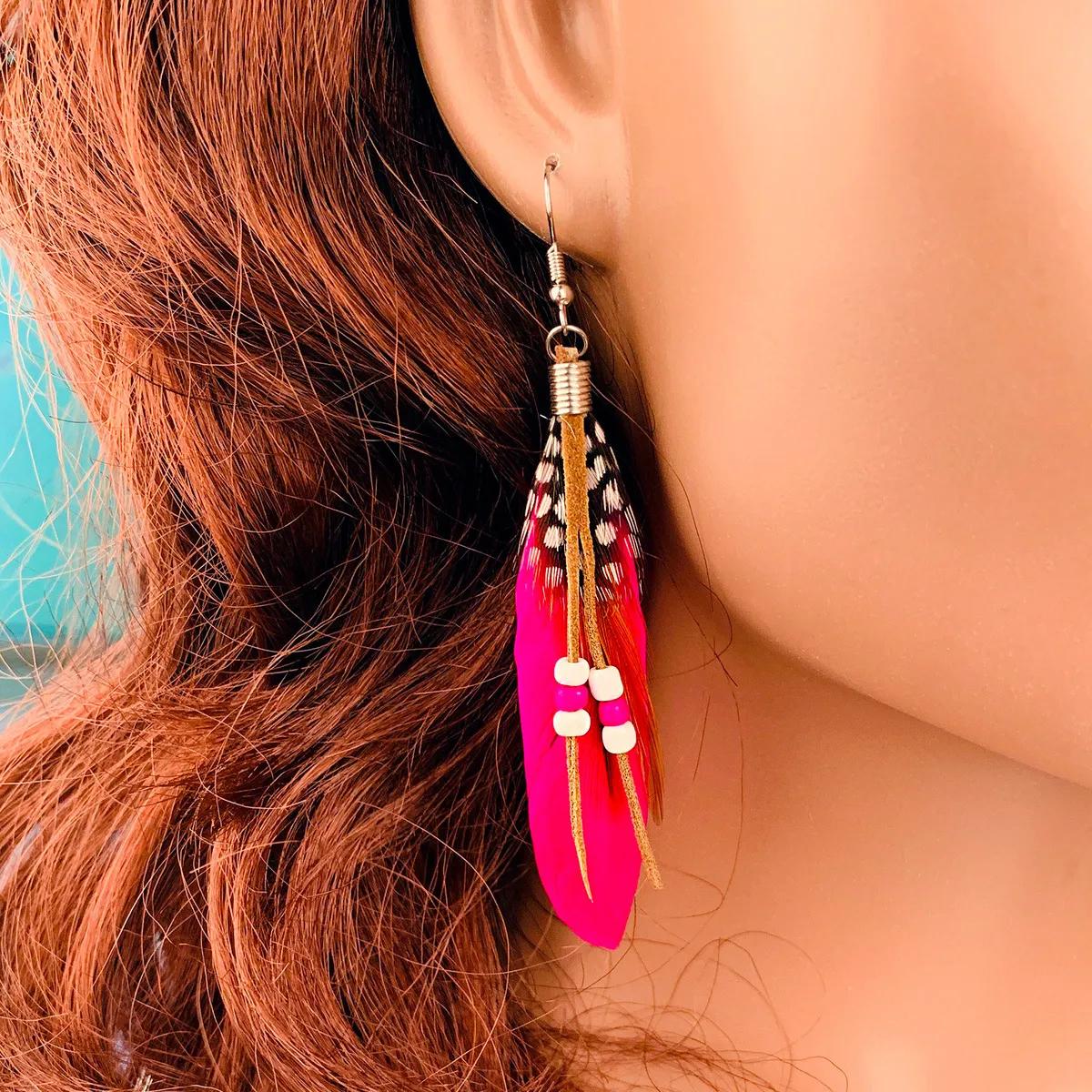 Women's Boho Beaded Tassel Teardrop Feather Earrings Drop Earrings Copper Needle