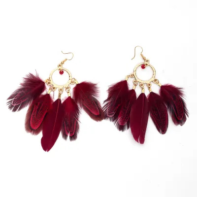 Women Fashion Retro Boho Round Bead Feather Tassel Long Earrings
