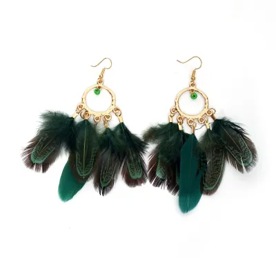 Women Fashion Retro Boho Round Bead Feather Tassel Long Earrings