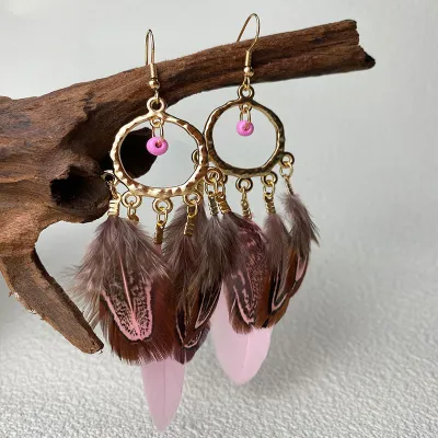 Women Fashion Retro Boho Round Bead Feather Tassel Long Earrings