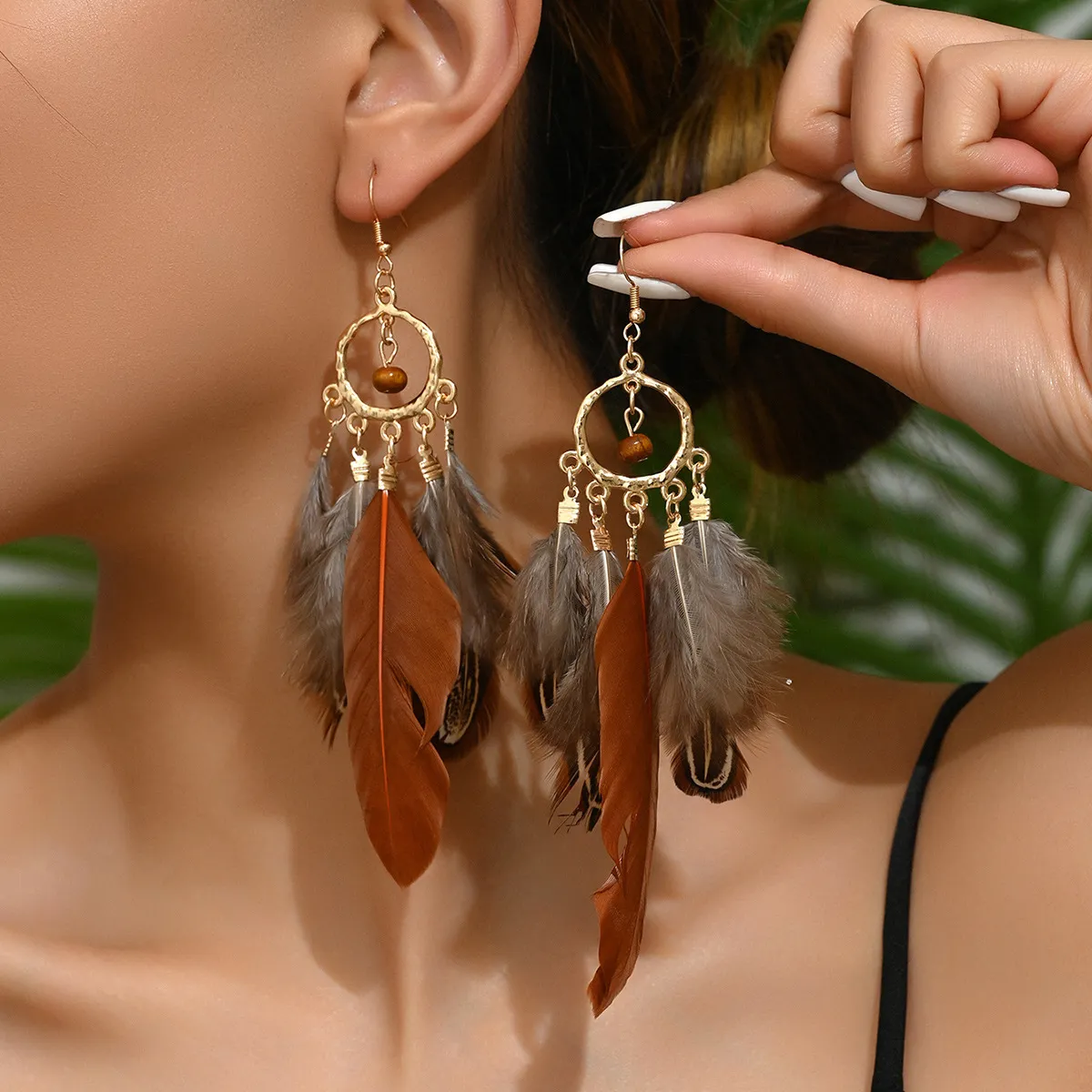 Women Fashion Retro Boho Round Bead Feather Tassel Long Earrings