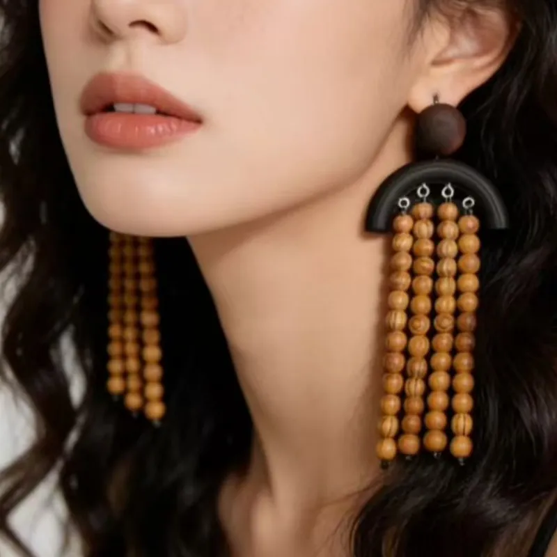 Women Retro Wood Beads Geometric Long Tassel Earrings