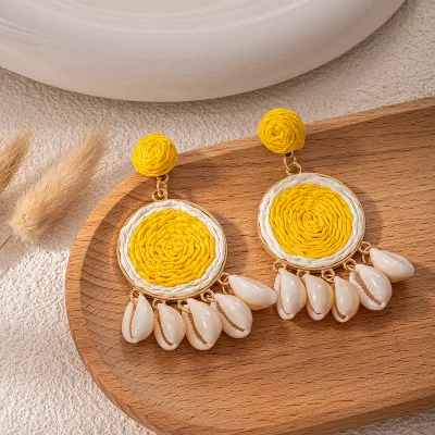 Women Fashion Boho Hand-Woven Multicolor Round Raffia Grass Shell Tassel Earrings