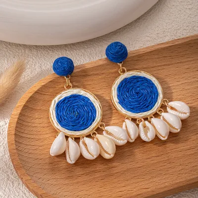 Women Fashion Boho Hand-Woven Multicolor Round Raffia Grass Shell Tassel Earrings