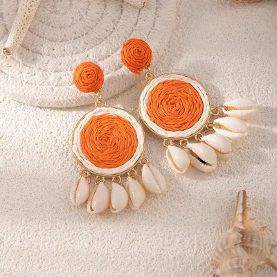 Women Fashion Boho Hand-Woven Multicolor Round Raffia Grass Shell Tassel Earrings
