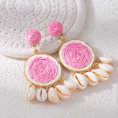 Women Fashion Boho Hand-Woven Multicolor Round Raffia Grass Shell Tassel Earrings