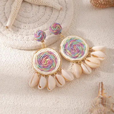 Women Fashion Boho Hand-Woven Multicolor Round Raffia Grass Shell Tassel Earrings