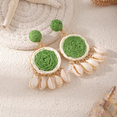 Women Fashion Boho Hand-Woven Multicolor Round Raffia Grass Shell Tassel Earrings