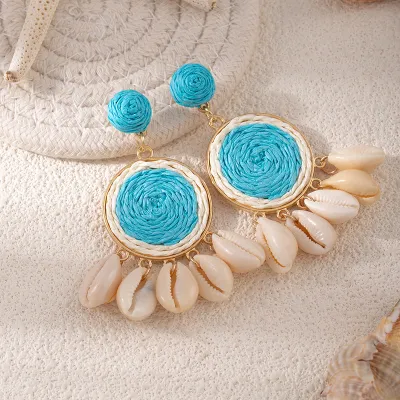 Women Fashion Boho Hand-Woven Multicolor Round Raffia Grass Shell Tassel Earrings