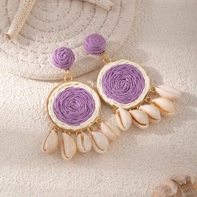 Women Fashion Boho Hand-Woven Multicolor Round Raffia Grass Shell Tassel Earrings