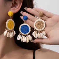 Women Fashion Boho Hand-Woven Multicolor Round Raffia Grass Shell Tassel Earrings