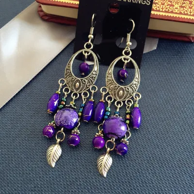 Women Fashion Retro Boho Beads Long Tassel Earrings