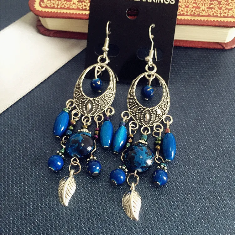 Women Fashion Retro Boho Beads Long Tassel Earrings