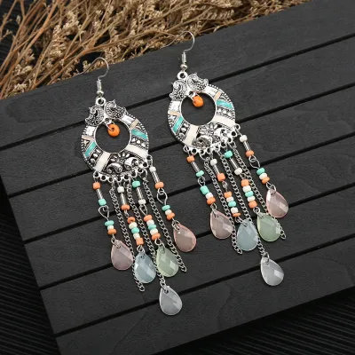 Women Boho Handmade Long Tassel Water Drop Rice Beads Exaggerated Earrings