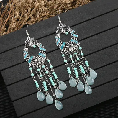 Women Boho Handmade Long Tassel Water Drop Rice Beads Exaggerated Earrings