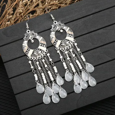 Women Boho Handmade Long Tassel Water Drop Rice Beads Exaggerated Earrings