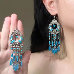 Women Boho Handmade Long Tassel Water Drop Rice Beads Exaggerated Earrings