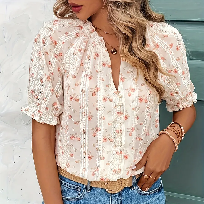 Women Fashion Casual Summer Flower Printed Short Sleeve Blouse