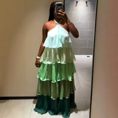 Vacation African Women Fashion Halter Neck Gradient Multi-Layer Cake Maxi Dress