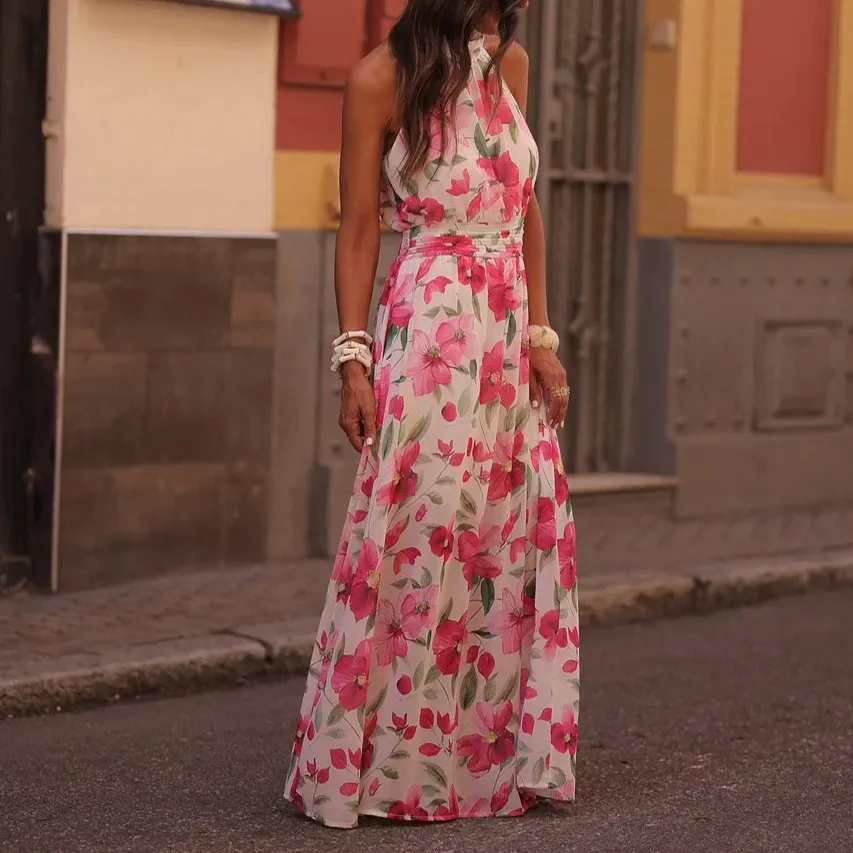 Women Fashion Sexy Spring Flower Printed Sleeveless Loose Dress