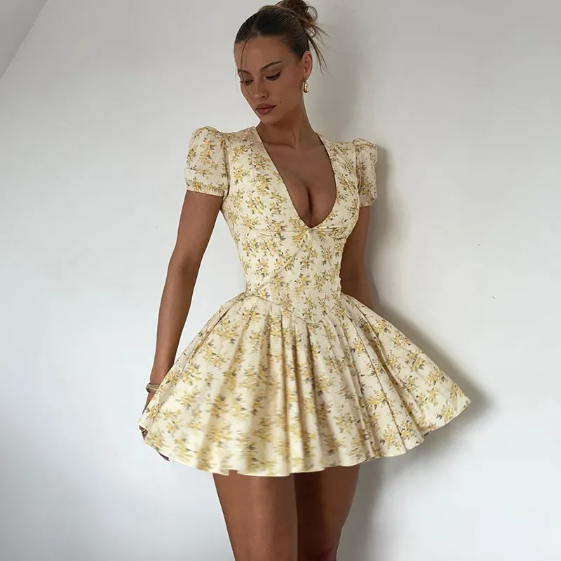 Women Fashion Sexy Summer Sexy Flower Printed Deep V Short Sleeve Pleated A-Line Dress