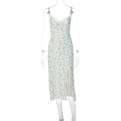 Women Fashion Sexy Summer Flower Printed Spaghetti Strap Split Strap Dress