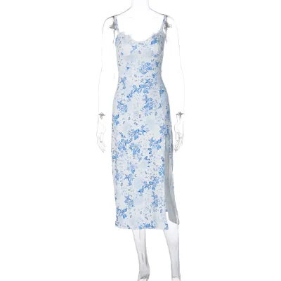 Women Fashion Sexy Summer Flower Printed Spaghetti Strap Split Strap Dress