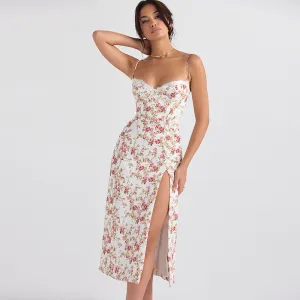 Women Fashion Sexy Summer Flower Printed Spaghetti Strap Split Strap Dress