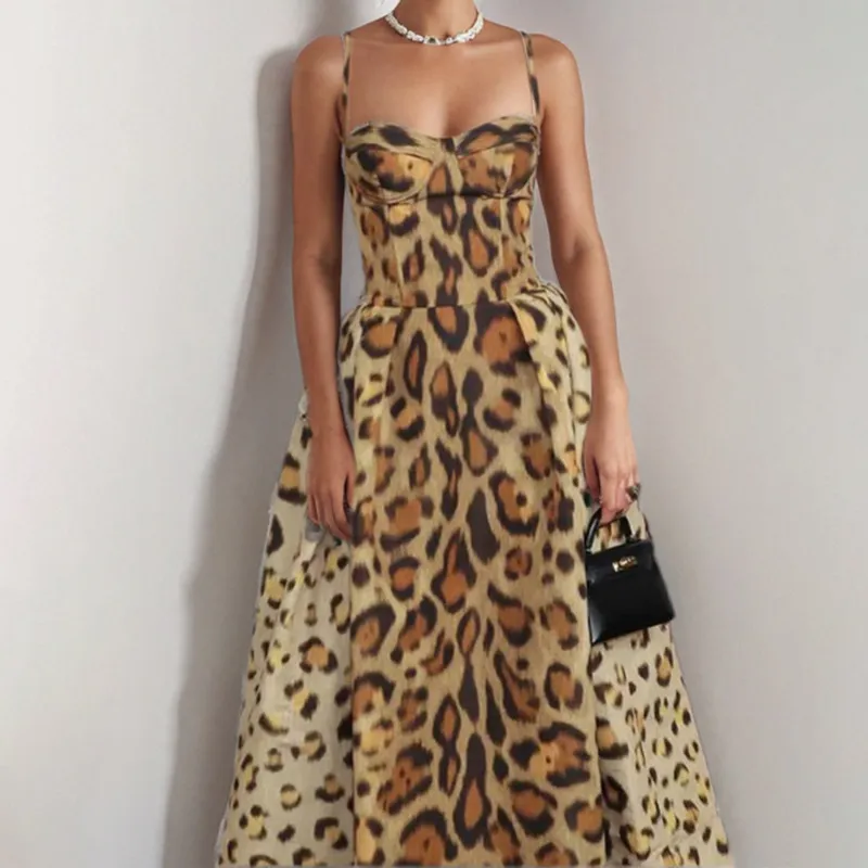 Women Fashion Sexy Spring Leopard Spaghetti Strap Waist A- Line Dress