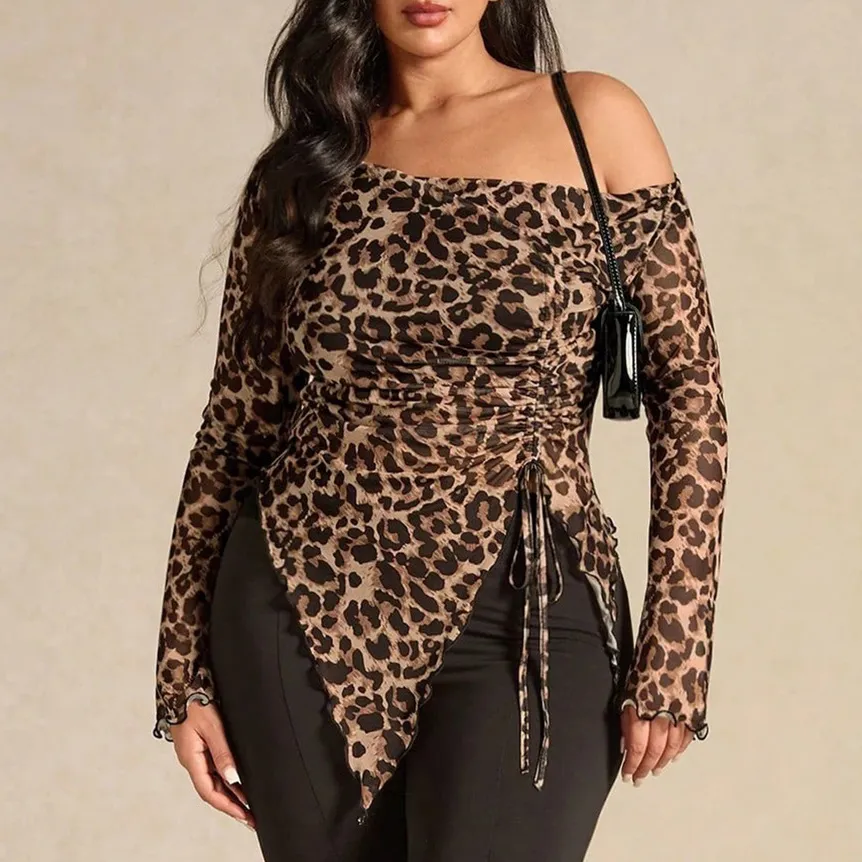 Women Fashion Plus Size Irregular Leopard Off-Shoulder Drawstring Slim-Fit Long-Sleeve T-Shirt
