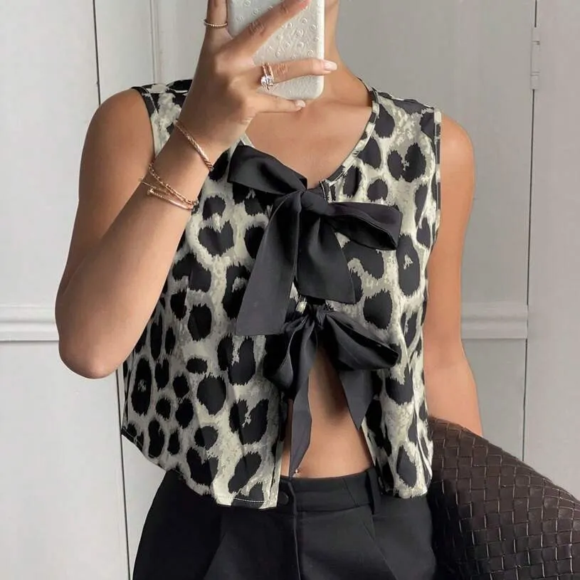 Women Fashion Summer Leopard Sleeveless Bowknot Vest