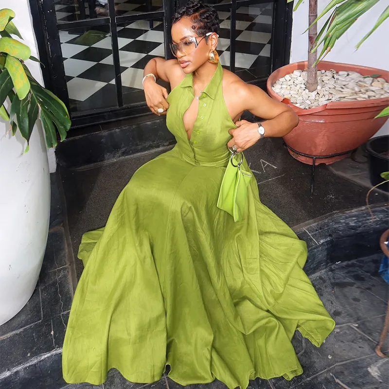 Summer Vacation Women Fashion Neck Sleeveless V-Neck Single-Breasted Maxi Dress