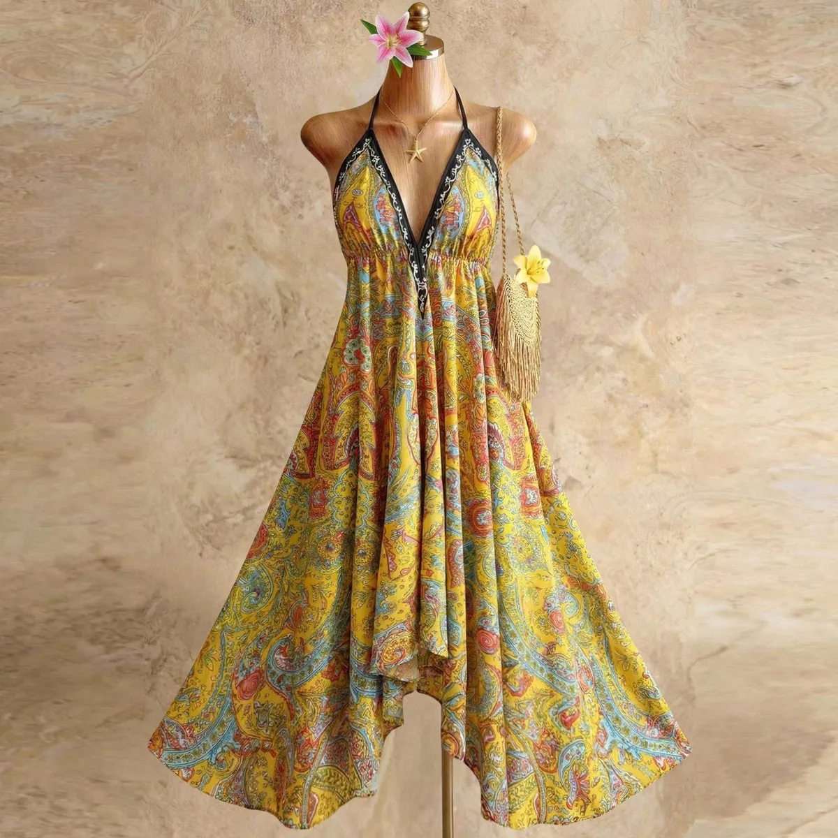 Bohemian Vacation Women'S Hanging-Neck Printed V-Neck Irregular Hem Dress
