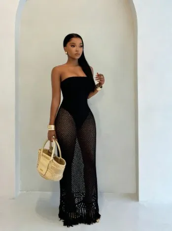 Summer Vacation Women'S Sexy Strapless Hollow Crochet Tassel Dress Two-Piece Set
