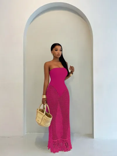 Summer Vacation Women'S Sexy Strapless Hollow Crochet Tassel Dress Two-Piece Set