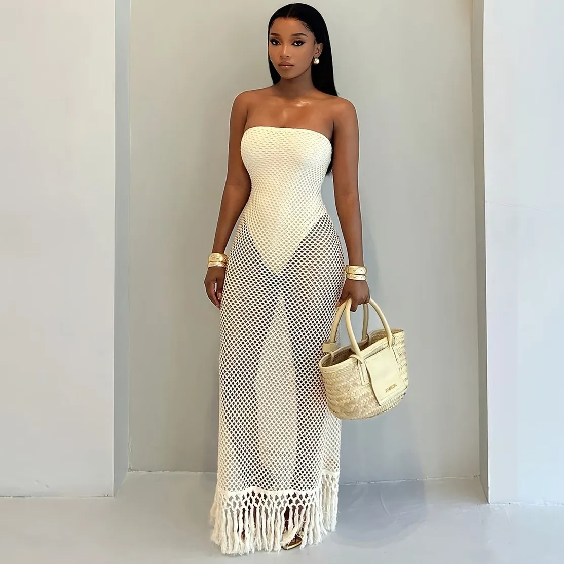 Summer Vacation Women'S Sexy Strapless Hollow Crochet Tassel Dress Two-Piece Set