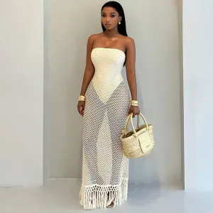 Summer Vacation Women'S Sexy Strapless Hollow Crochet Tassel Dress Two-Piece Set
