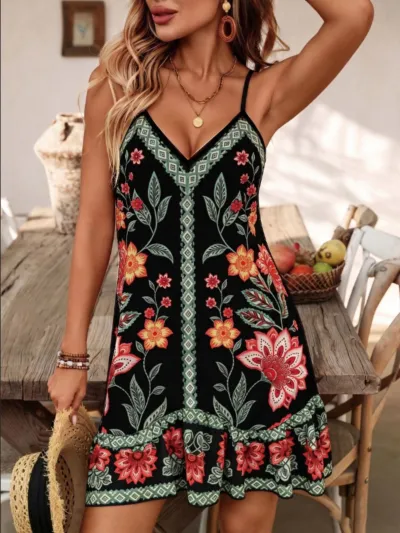Summer Vacation Bohemian Women Casual Print Sling Loose Mini Dress