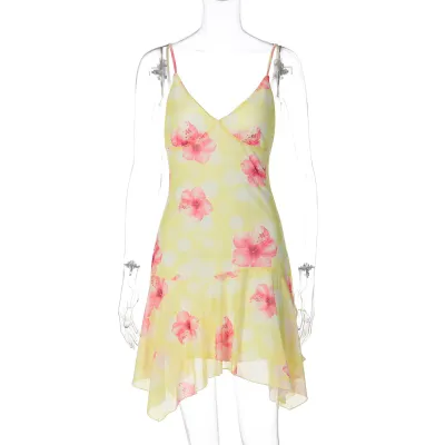 Summer Women Sexy V-Neck Sling Floral Leopard Print Backless Dress
