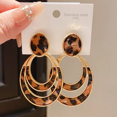 Women Fashion Geometric Hollow Leopard Multi-Layer Round Earrings 925 Silver