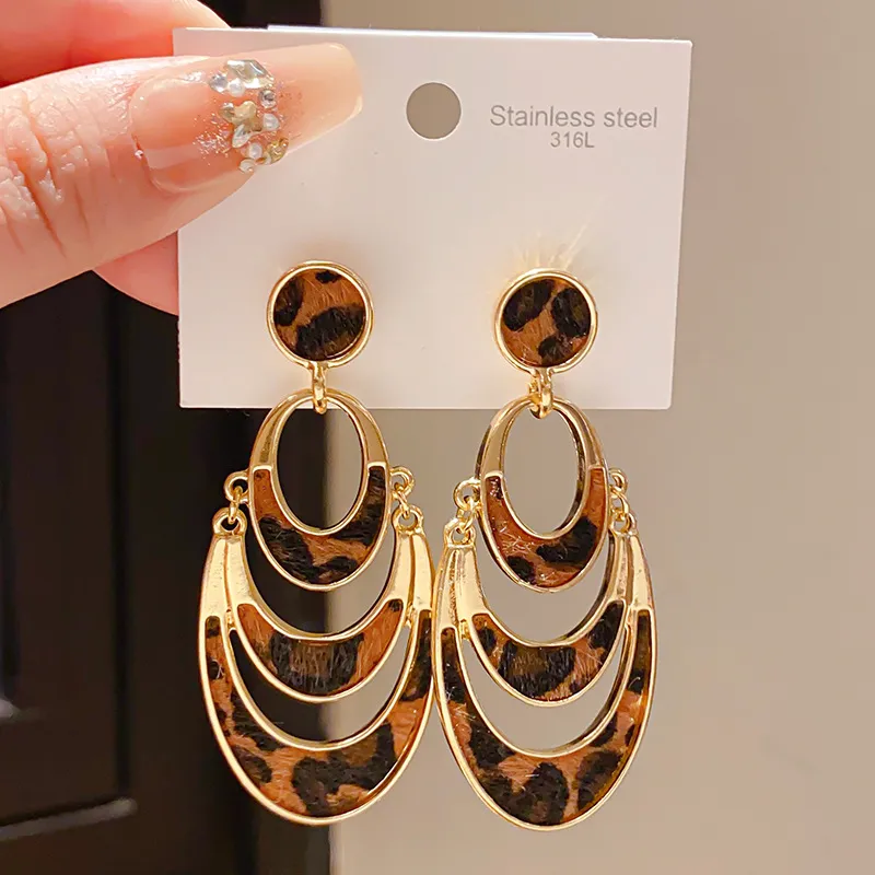 Women Fashion Geometric Hollow Leopard Multi-Layer Round Earrings 925 Silver