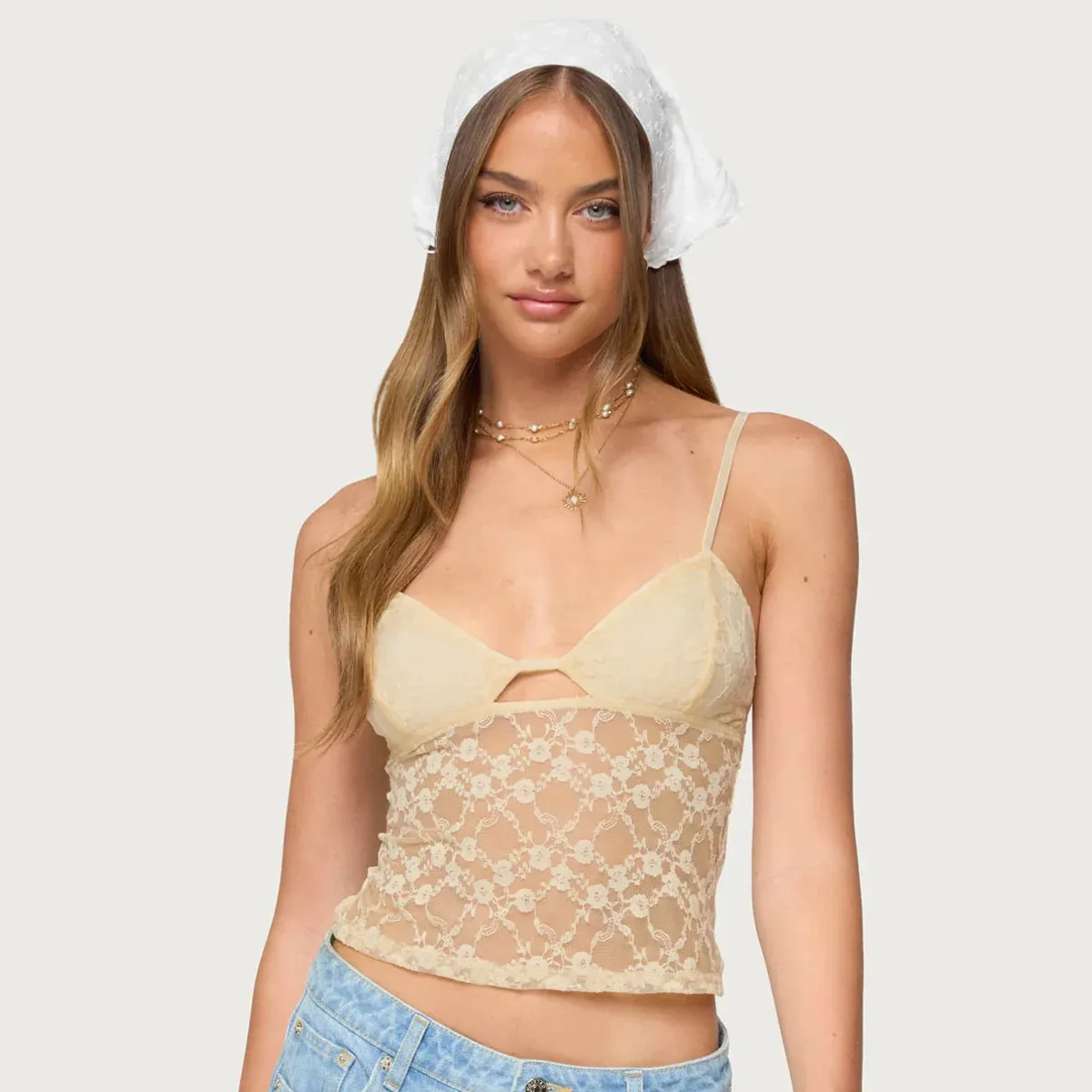 Women Fashion Sexy Solid Color Lace Spaghetti Strap Crop Top