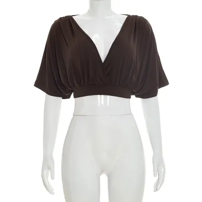 Women Fashion Sexy Solid Color Deep V-Neck Cross-Pleated Bat-Sleeve Crop Top