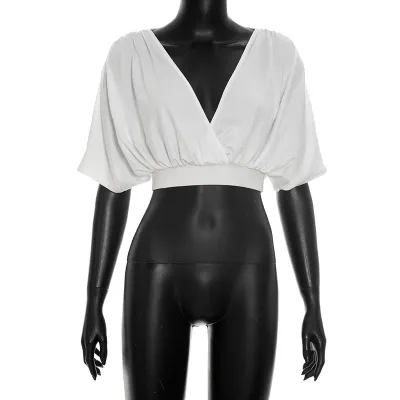 Women Fashion Sexy Solid Color Deep V-Neck Cross-Pleated Bat-Sleeve Crop Top