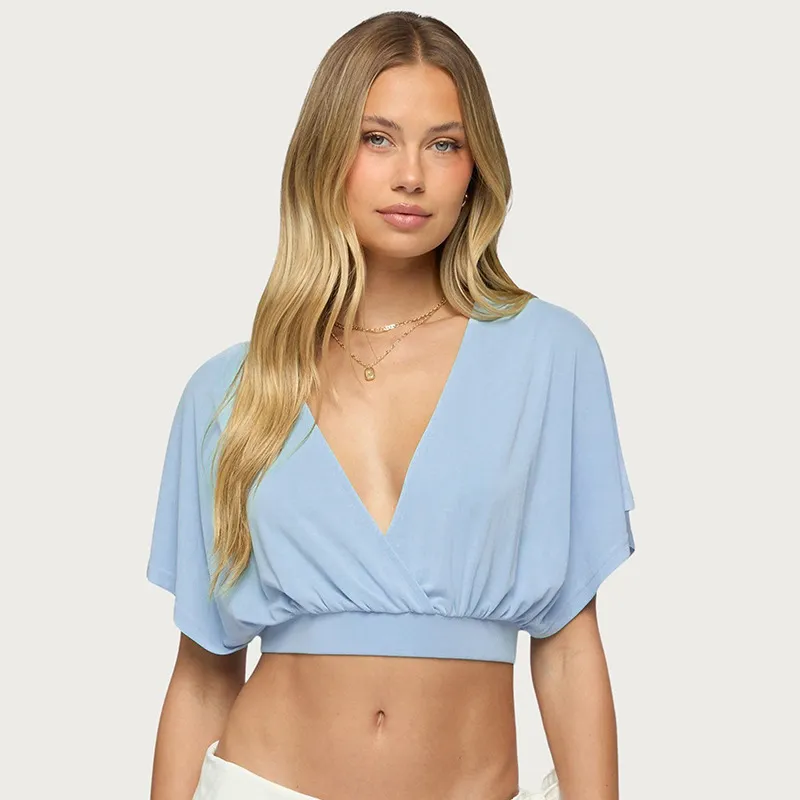 Women Fashion Sexy Solid Color Deep V-Neck Cross-Pleated Bat-Sleeve Crop Top