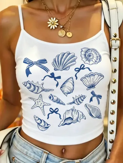 Women Fashion Sexy Summer Flower Print Spaghetti Strap Slim-Fit Crop Top