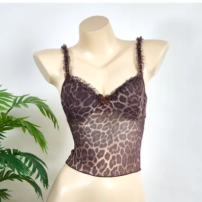 Women Fashion Sexy Lace Perspective Chest-Revealing Steel Ring Crop Top