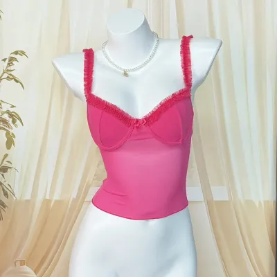 Women Fashion Sexy Lace Perspective Chest-Revealing Steel Ring Crop Top